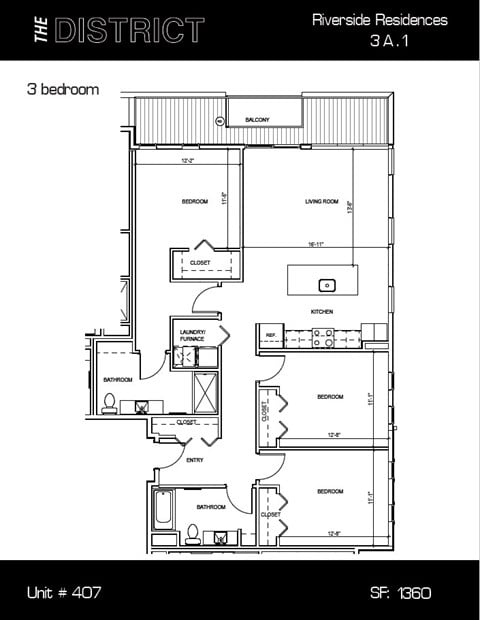 Floor plan for 3 beds, 2 baths, 1573 sqft
